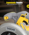 Close-up of the ergonomic handle of the Real Deal Cordless Circular Saw Featuring A Beefy Eight Thousand RPM Motor.