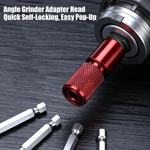 Real Quick Swap Angle Grinder To Drill Adapter Built Like A Tank From Cold Rolled Carbon Steel with a red self-locking chuck and driver bits.