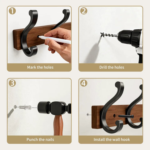 Installation steps for Solid Wood Wall Mounted Coat Rack With Five Heavy Duty Metal Hooks Holds Up To 25 Lbs Each.