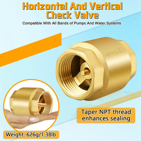 Front view of Boltigen solid brass spring check valve, 1-1/2 in NPT female threads for inline water systems