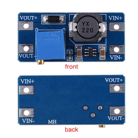 Front and back of DC DC Boost Converter Module Adjustable Voltage Step Up Power Supply 2V to 24V Input Up To 28V Output 2A High Efficiency 93 Percent With Potentiometer For Industrial Equipment DIY Projects, 36x17x14mm PCB