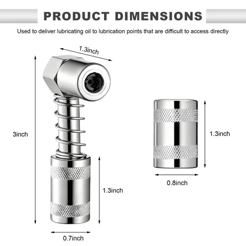 90 Degree Right Angle Grease Gun Coupler Adapter With Non Slip Grip And Sleeve for tight spaces, zinc plated dimensions