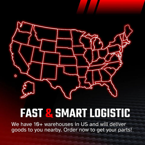Stylized map of the USA with red neon outline showcasing fast logistics and multiple warehouses for efficient delivery.