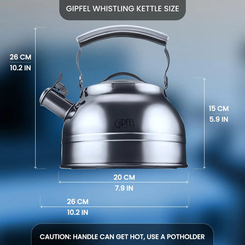 Front view of Whistling Tea Kettle For Stovetop 2.3 Quart Stainless Steel Teapot with ergonomic handle and spout, shown with dimensions.