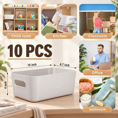 Ten Pack Gray White Plastic Storage Bins With Reinforced Handles For Home Organization And Closet Pantry Use Stackable Small Containers dimensions 10x6.7x4 inches.