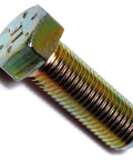 Top Tier Heavy Duty Beef Grade 8 Hex Cap Screws 7/16-20 X 1-1/4 Inch Yellow Zinc Plated Steel close-up of screw threads.