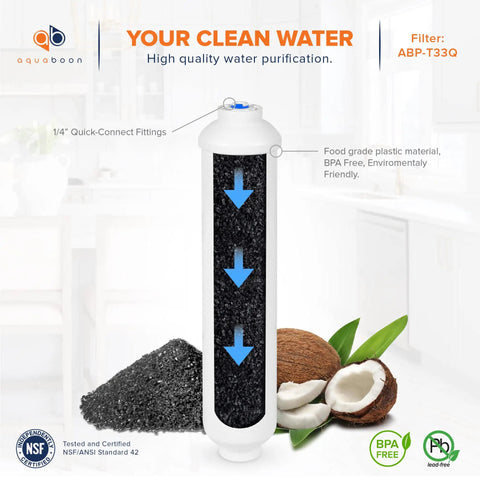 Heavy Duty Inline Polishing Carbon Water Filter Cartridge For Reverse Osmosis Systems With Quick Connect Fitting And Standard Size Compatible With Icf 10 Provides Smooth No Sweat Setup And Straight Up Clean Taste 6 Pack, showing 1/4" quick-connect fittings and carbon material.