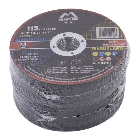 Fifty Pack 4.5 Inch Ultra Thin Cut Off Wheels For Angle Grinder Heavy Duty Abrasive Cutting Discs stacked with packaging.