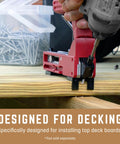 Using the Deck Elite Hidden Deck Screws 9 X 2 3 Eighths Inch, 350 Pack, with a deck fastening tool on outdoor decking.