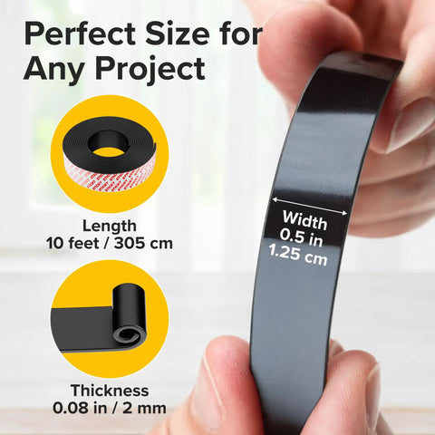 Close-up of Magnetic Tape With Adhesive Backing 10 Feet Long By Half Inch Wide, showing size dimensions and hand holding the tape