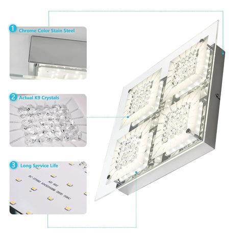 LED Crystal Flush Mount Ceiling Light Dimmable Glass Fixture Dope Look For Kitchen Island Hallway Bedroom And Bathroom Modern Square Design 4000K 24W High Refractive Crystal For Elegant Home Lighting showing chrome steel, K9 crystals, and LED details