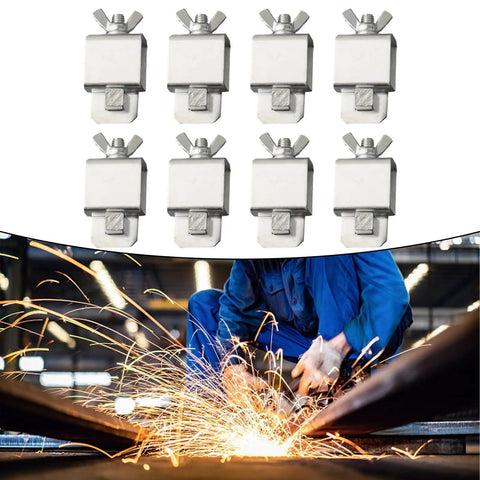Pro Grade Butt Welding Clamps For Sheet Metal Alignment And Edge To Edge Soldering Kit displayed with welding sparks