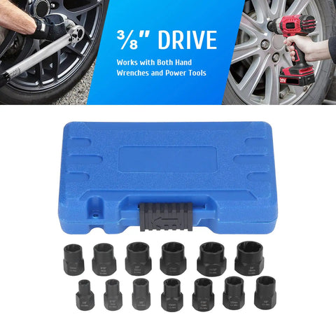 Fafeicy 13-Piece Impact Nut Extractor Socket Kit With Heavy Duty Chrome Molybdenum Steel Driver For Tough Rusty Stripped Bolts And Lug Removal That Cuts The Hassle, 3/8 drive case and sockets