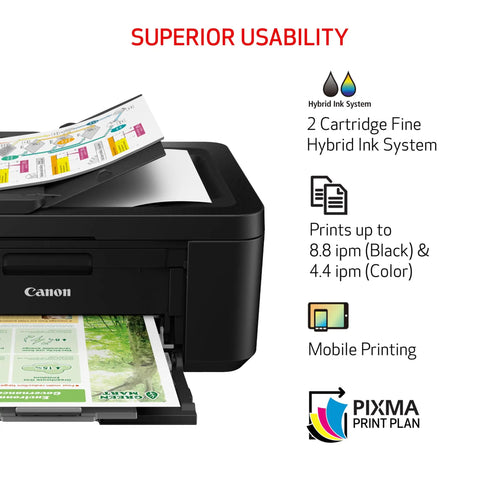 All In One Wireless Printer For Home Office Use With Auto Document Feeder And Built In Fax A Real Workhorse 4 In 1 Print Copy Scan And Fax Mobile Printing Auto Duplex Energy Efficient Black showing cartridge system and prints.