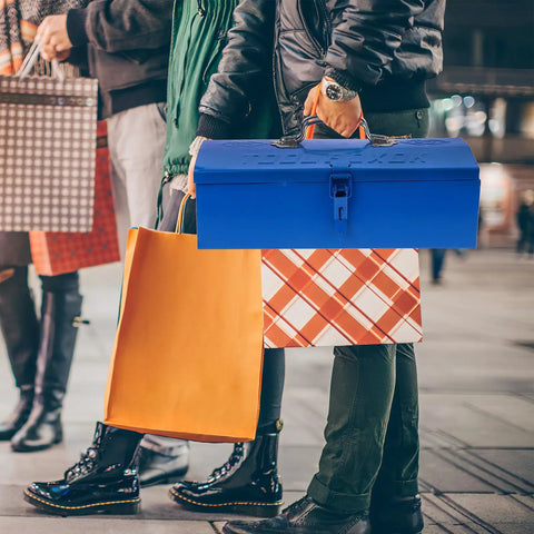 Blue Iron Toolbox With Heavy Duty Lock And Steel Reinforced Corners Comfortable Grip Bar For Hardware Bits Sorting held among shopping bags.