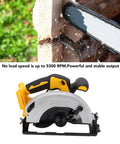 Heavy Duty Cordless Circular Saw With Brushless Motor And 5300 RPM To Slice Through Wood Up To 7 1/4 Inches cutting through wood.