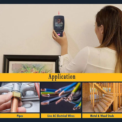 Woman using Electronic Stud Finder, Professional Wall Scanner with Wood, Metal, Live Wire Modes for wall detection.
