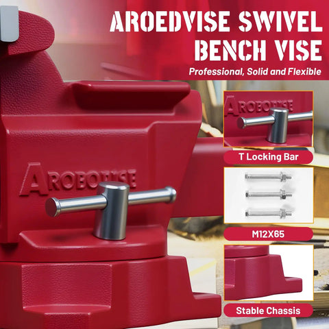 8 Inch Bench Vise Heavy Duty With 7.5 Inch Jaw Opening And 210 Degree Swivel Base 4.5 Inch Throat Depth Multi Jaw Design For Flat And Round Material Great For Large Projects Pipes And Bulky Workpieces, red cast iron bench vise with T locking bar and stable chassis