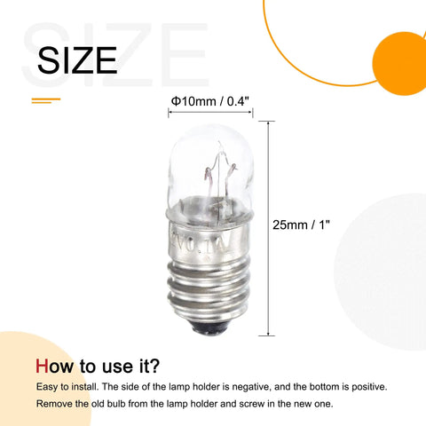 Top Shelf E10 Screw Base Miniature Bulbs Delivering A Crisp Warm Yellow Glow Dc 24V 0.15A Power Rating Built Tough For Daily Diy Hacks And Model Assembly Reliable Plug And Play Mini Lamps Pack Of 25, showing dimensions of bulb.