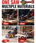 20V Cordless Mini Circular Saw Featuring Beast Mode 4500 RPM Kick cutting through wood, metal, tile, and PVC materials for precision work.