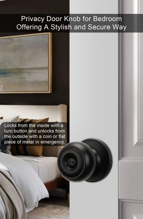 Matte Black Privacy Interior Door Knobs 8 Pack For Bedroom And Bath installed on a white door in a bedroom setting