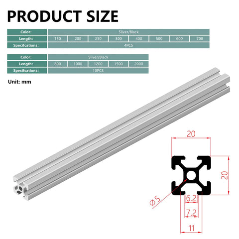 Rock Solid 2020 T Slot Aluminum Extrusion Profile And Linear Rail Guide Set For 3D Printers And CNC Machines with size specs.