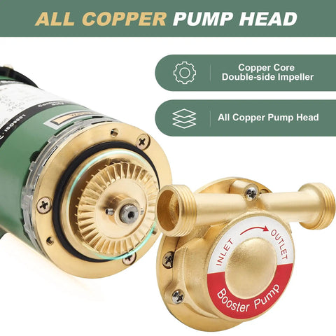 Close-up of automatic 120W water pressure booster pump with all-copper pump head and flow switch for efficient home use