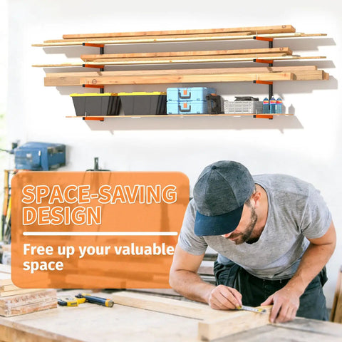 Hella Strong Wall Mount Lumber Rack With Eight Adjustable Levels Holding 1040 Lbs For Stacked Boards inside garage with wood and bins.