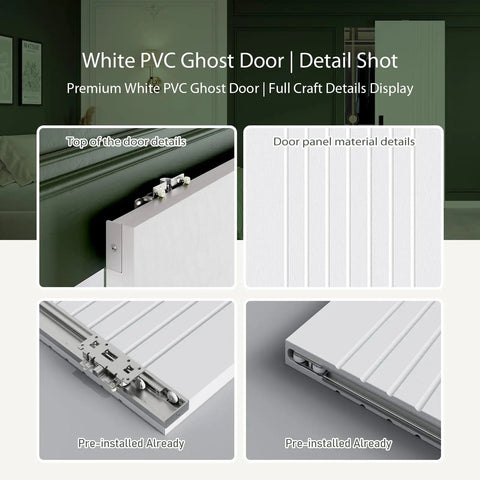 Detail shot of White PVC Ghost Door with top and panel features showcasing premium materials and sliding mechanism.