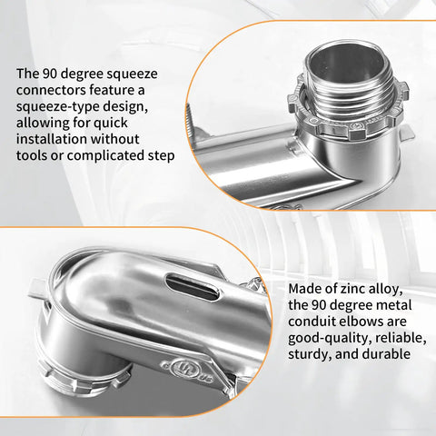 Close-up of six pack ninety degree squeeze connectors for three eighths inch AC MC FMC flex flexible metal conduit elbow fittings.