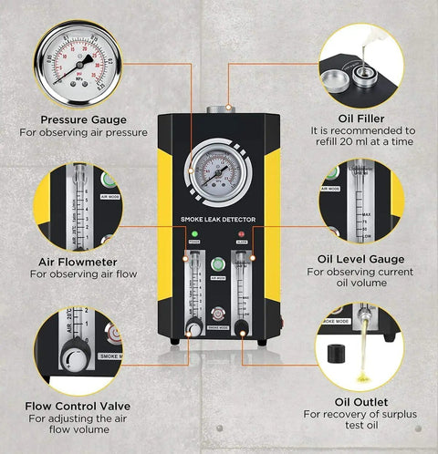 Detailed view of Automotive Smoke Machine And Evap Leak Detector With Dual Built In Air Pumps, showcasing pressure gauge and controls.