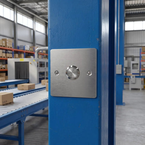 Stainless Steel Emergency Stop Push Button Panel Mount Switch Built Like A Tank For Heavy Duty Industrial Machine Control With Instant Safe Shutdown No Nonsense Workhorse Gear mounted on blue pillar in warehouse.