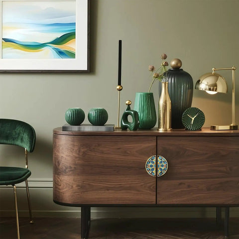 Straight Up Stunning Floral Tile Cabinet Handles, 2 Pack Semicircle Drawer Pulls, 3 Inch Center To Center Spacing, Solid Zinc Alloy Body, Easy Swap Kitchen And Bathroom Dresser Hardware Combo on a dark wood cabinet.