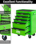 Heavy Duty Rolling Tool Cart Featuring Locking Casters and Smooth Ball Bearing Drawer Slides for Garage Organization or Mechanic Workshop Storage Slick Green Steel Build Hella Tough for Daily Jobs with 5 drawers and side handle.