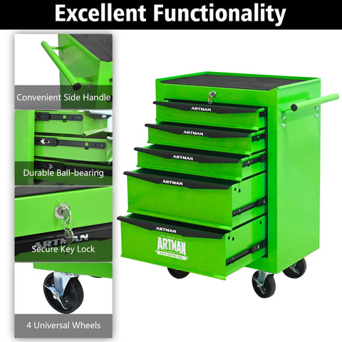 Heavy Duty 21 Inch Rolling Tool Cart With Lockable Steel Storage Cabinet And Slick Glide Ball Bearing Casters For Rapid Garage Workflow In Fresh Green showing multiple drawers and side handle.