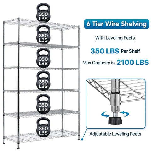 Heavy Hitter Six Tier Garage Shelving Rack With Locking Casters 6000 Lbs Capacity wire shelving with kettlebells, adjustable feet.