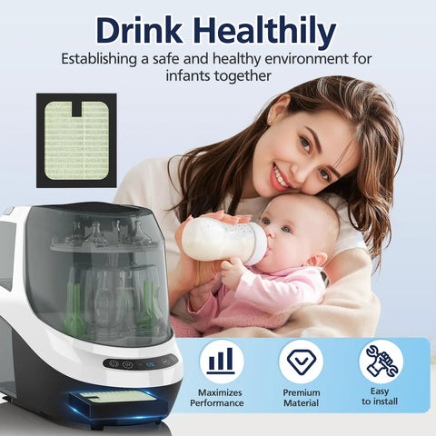 4 Pack HEPA Filter Replacement For Bottle Washer Pro Fits Tight And Keeps It Fresh, High Efficiency Cabiclean Filtration For Clean Bottles, Easy Install In Seconds, No Fuss, Quiet Operation, Long Lasting Odor Control For Pristine Home Bottles. Bottle washer Pro with filter and mother feeding baby