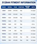 512644 fitment information table for Heavy Duty Rear Wheel Bearing Hub Assembly for Toyota Camry and Lexus ES models.
