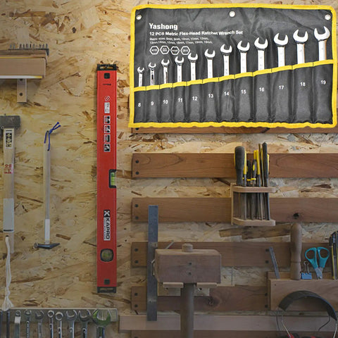 Wall-mounted wrench set with 20 Piece SAE And Metric Ratcheting Wrench Set With Chrome Vanadium Steel, Pro Grade Tools Kit.