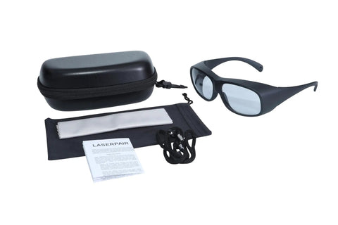 Hardcore Co2 Laser Safety Glasses Featuring Od6 Plus Optical Blocking With Ce En207 Certification Built Tight For Busy Dental Clinics And Industrial Sites Daily, with storage case and cleaning cloth.