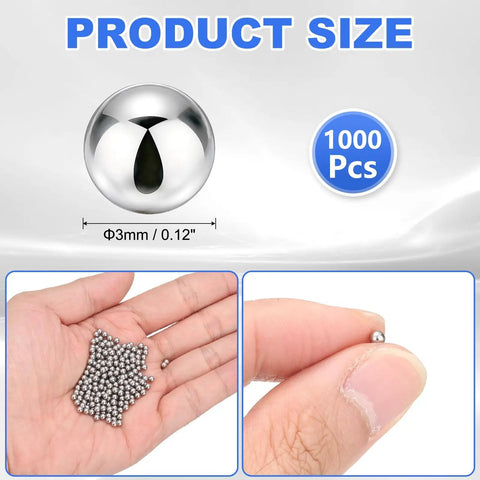 1000 Pack Stainless Steel Bearing Balls 3MM Precision Metal Spheres shown in hand and measuring size for DIY use.