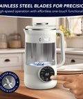 8 In 1 Nut Milk Maker Blender 32oz Capacity For Creamy Soy Almond Oat Coconut And Plant Based Non Dairy Beverages With Delay Start And Keep Warm For Easy Homemade Milks shown on a kitchen counter.