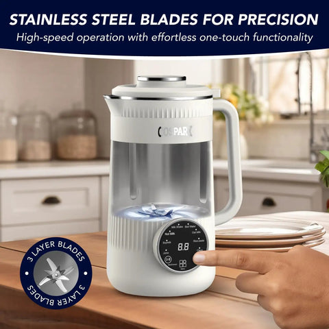 8 In 1 Nut Milk Maker Blender 32oz Capacity For Creamy Soy Almond Oat Coconut And Plant Based Non Dairy Beverages With Delay Start And Keep Warm For Easy Homemade Milks shown on a kitchen counter.