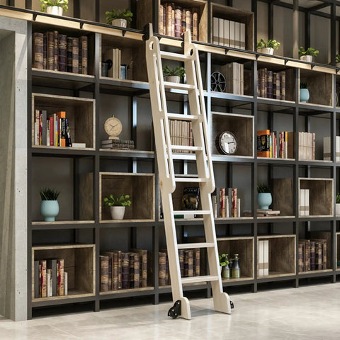 Badass Slick Rolling Stair Slide Track Kit for Barn Doors Round Tube Hardware Set for Lofts and Libraries With Smooth 13 Foot Extension Rails and Tight Indoor Glide Setup shown with shelving unit and ladder.
