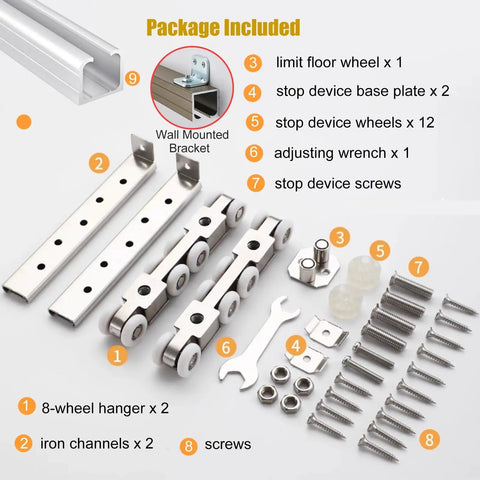 Built Tough Bifold Barn Door Hardware Kit with included wall mounted bracket, wheels, and screws for easy installation.