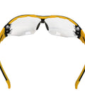 Lightweight Safety Glasses With Antifog Clear Lenses Offer Heavy Duty Wraparound Coverage That Blocks Dust And Falling Debris On Any Job Site The Snug Tpr Brow Guard Delivers Solid Side Shielding And Crisp Vision For All Day Shop Floor Comfort from front view with yellow and black frame.