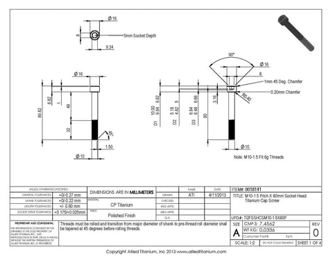M10 Socket Head Cap Screws Pack Of Four Killer Grade 2 Titanium 80 Millimeter Long technical drawing with dimensions.