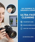 Lens cleaning wipes, 220-count, individually wrapped; person cleans camera lens.