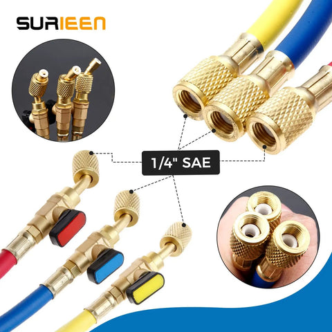 60 Inch Refrigerant Charging Hose With Ball Valves For R410A R134A R22 R12 R502 R404 With One Quarter Inch SAE Fittings
