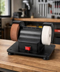 Top Shelf Twin Wheel Bench Grinder With Straightforward Rocker Switch Heavy Duty Electric Edger on wooden workbench.